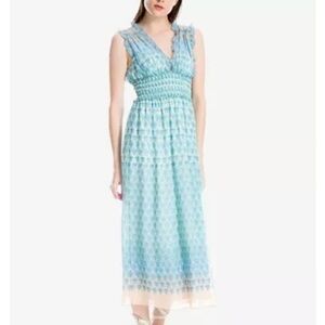 Max Studio Floral sheer Maxi Dress London ombre blue ruffle sleeveless V-Neck